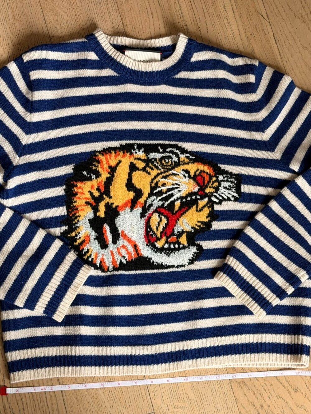 Gucci Blue/White Stripe Tiger Intarsia Wool Knit Crewneck